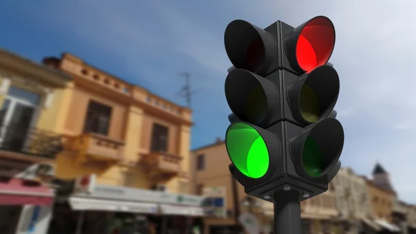 Semáforos em verde e vermelho, com cidade rua vista de fundo — Fotografia de Stock