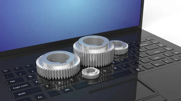 Laptop klavye, beyaz arka plan üzerinde izole 3D gümüş cogwheels — Stok fotoğraf