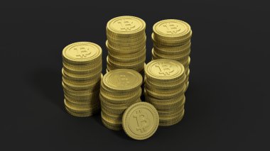 siyah zemin üzerine altın Bitcoin yığınları 3D render.