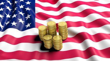 ABD bayrağı altın Bitcoin yığınları ile. 3D render 