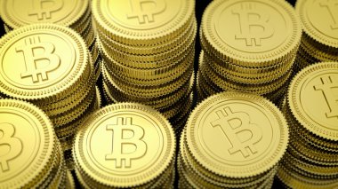 Altın Bitcoin yığınları closeup arka plan 3D render