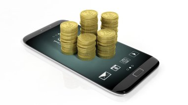smartphone ekranında, beyaz zemin üzerine altın Bitcoin yığınları 3D render.