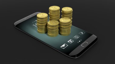 smartphone ekranında, siyah zemin üzerine altın Bitcoin yığınları 3D render.