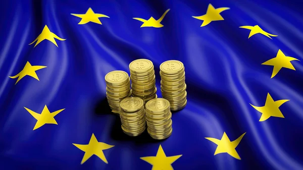 Bandiera dell'Unione Europea con pile Bitcoin d'oro. Rendering 3D — Foto Stock