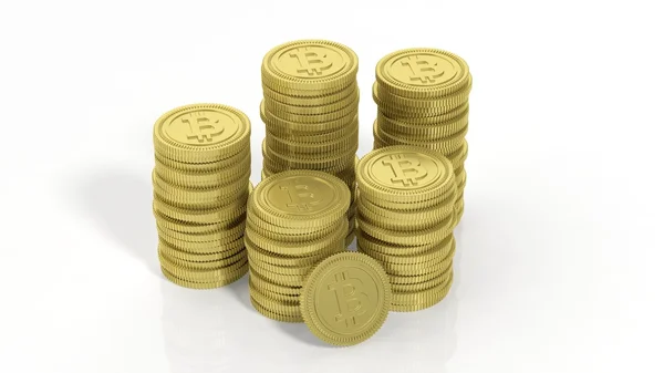 3D rendering of golden Bitcoin stacks, on white background. — Stock Photo, Image