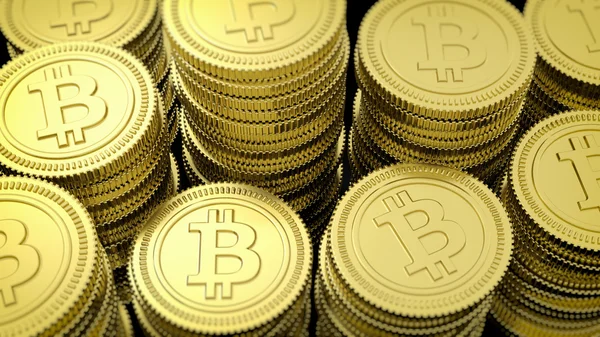 Renderowania 3D złote tło zbliżenie stosy Bitcoin — Zdjęcie stockowe