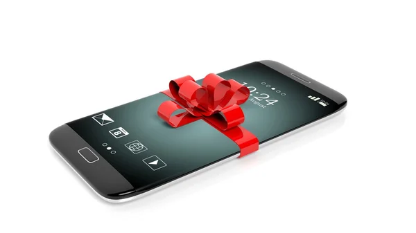 Renderowania 3D smartphone z czerwoną wstążką, na białym tle — Zdjęcie stockowe