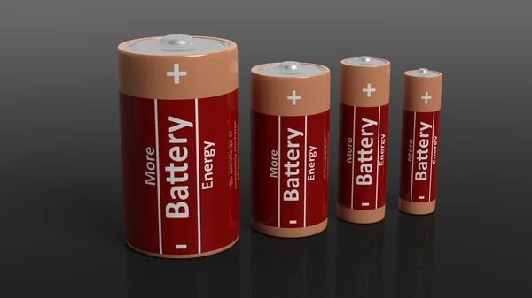 3D-rendering van batterijen in alle maten, geïsoleerd op zwarte achtergrond. — Stockfoto