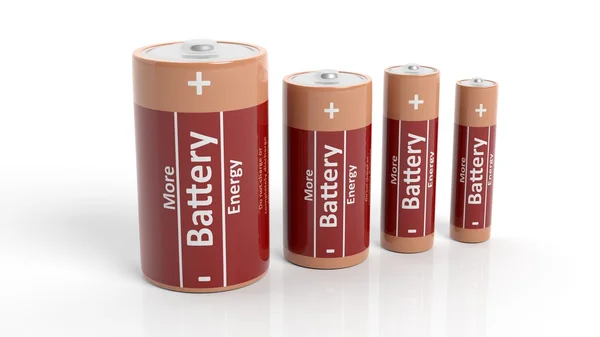 Rendu 3D de batteries de toutes tailles, isolées sur fond blanc . — Photo