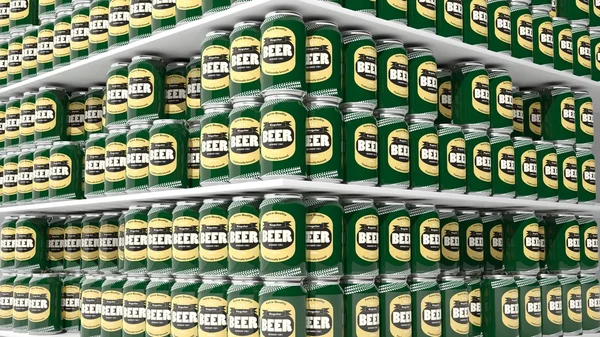 Representación 3D con primer plano en estantes de supermercados con latas de cerveza . — Foto de Stock