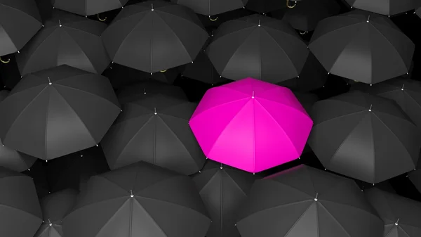 3D rendering of classic large black umbrellas tops with one pink standing out. — Stock Photo, Image