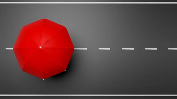 Representación 3D de paraguas rojo en carretera, vista superior —  Fotos de Stock