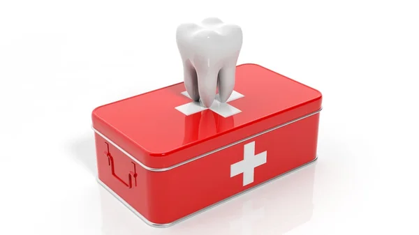 Renderização 3D de dente e kit de primeiros socorros, isolado em fundo branco . — Fotografia de Stock