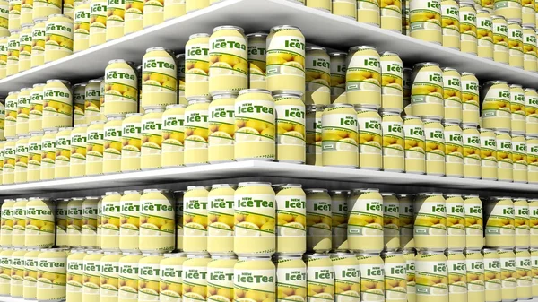 Representación 3D con primer plano en estantes de supermercados con latas de té helado . — Foto de Stock