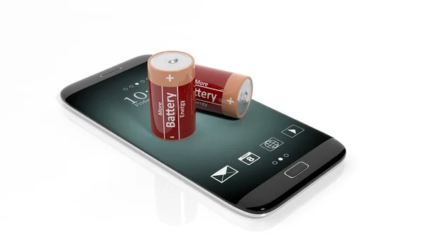 Rendering 3D di batterie sullo schermo dello smartphone, isolate su sfondo bianco . — Foto Stock