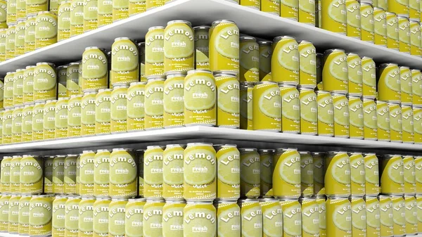 Representación 3D con primer plano en los estantes del supermercado con latas de bebidas de limón . — Foto de Stock