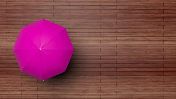 3D renderização de guarda-chuva rosa na superfície de madeira, vista superior — Fotografia de Stock