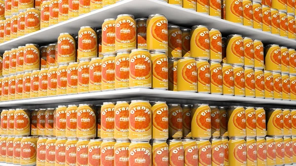 Representación 3D con primer plano en estantes de supermercados con latas de bebidas naranjas . — Foto de Stock