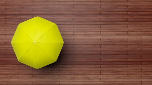3D rendering of yellow umbrella on wooden surface, top view — Stock Photo, Image