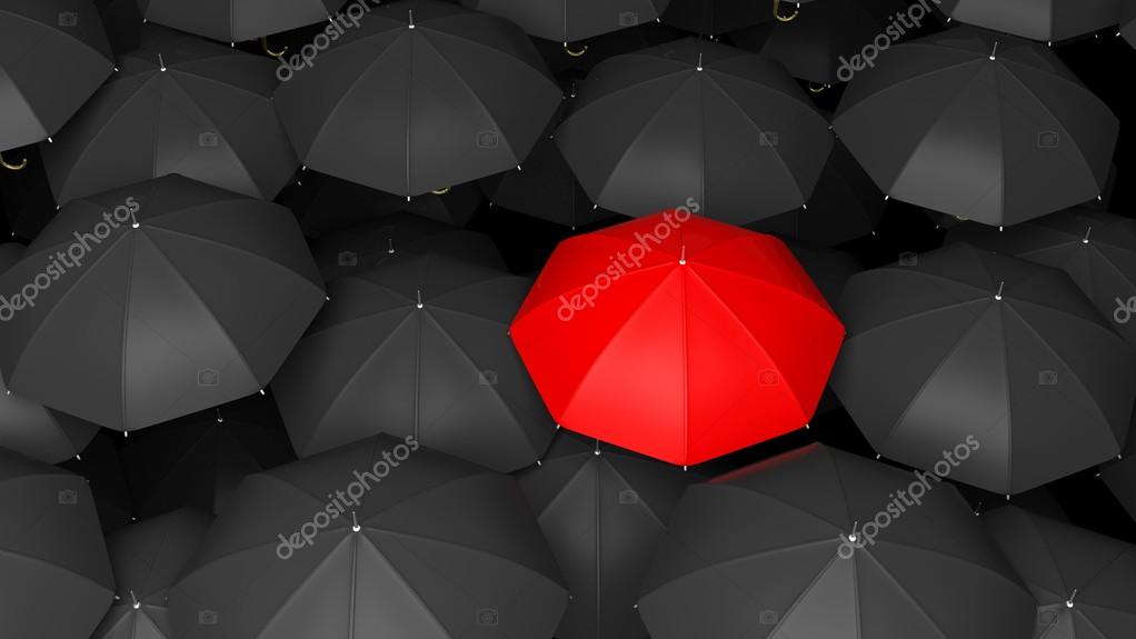 Black umbrellas cheap one red