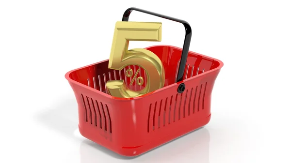 3D-rendering van rode winkelmandje met gouden 5% korting symbool, geïsoleerd op wit. — Stockfoto