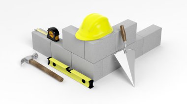 duvar araçları ve beyaz arka plan üzerinde izole tuğlalar, 3D render.