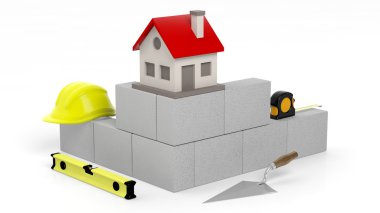 beyaz duvar araçları ve tuğla ev sembolüyle 3D render izole.