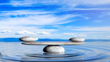 3D rendering of balancing Zen stones in water with blue sky and peaceful landscape. clipart