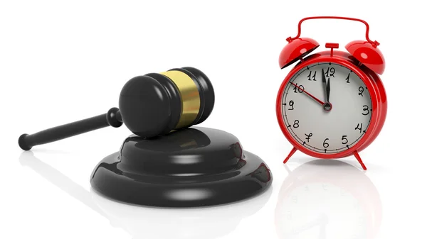 3D rendering of gavel and red alarm clock, isolated on white background. — Stock Photo, Image