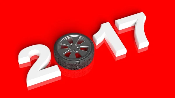 3D rendering of white 2017 with car's wheel as zero, on red background — Stock Photo, Image