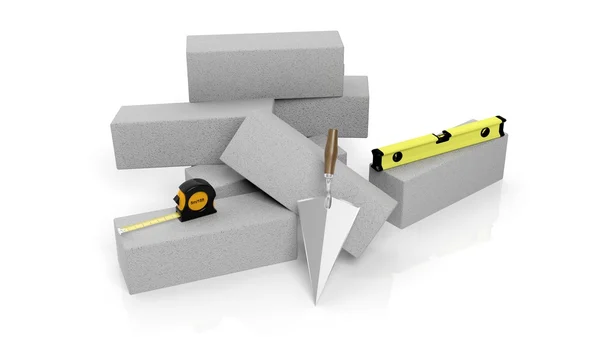 Representación 3D de herramientas y ladrillos de mampostería, aislados sobre fondo blanco . — Foto de Stock