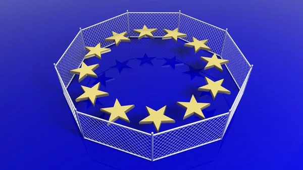 Recinzione d'argento intorno alle stelle della bandiera dell'Unione europea, rendering 3D . — Foto Stock