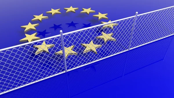Sterne der europäischen Gewerkschaftsfahne hinter silbernem Zaun, 3D-Darstellung. — Stockfoto