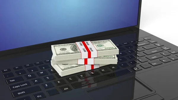 3D-rendering van 100 Dollar biljetten bundels, op laptop toetsenbord — Stockfoto