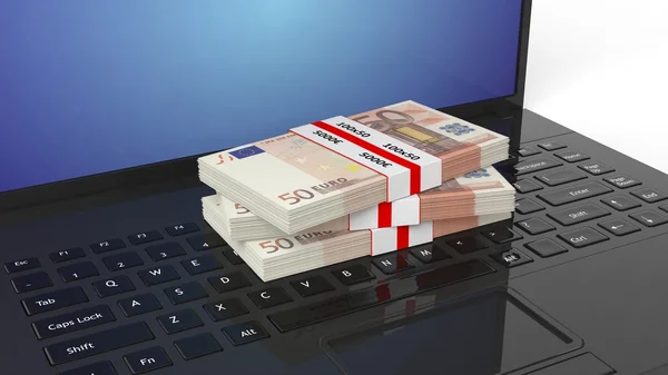 3D-рендеринг банкнот в размере 50 евро на клавиатуре ноутбука — стоковое фото