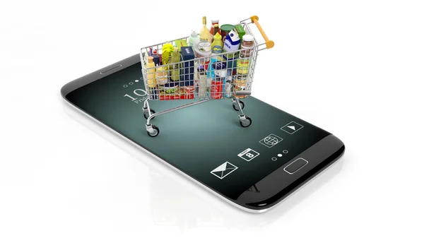 3D-Darstellung von Supermarkt-Einkaufswagen auf dem Bildschirm des Smartphones, isoliert auf weißem Hintergrund. — Stockfoto