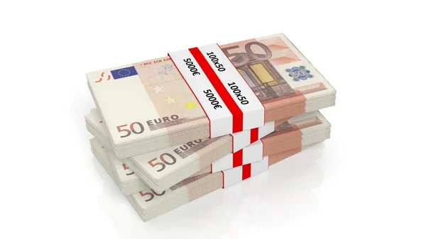 3D-Rendering von 50-Euro-Banknotenbündeln gestapelt, isoliert auf weißem Hintergrund. — Stockfoto