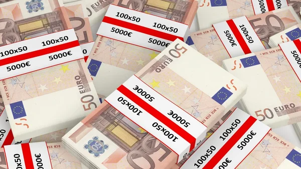 Renderização 3D de 50 pacotes de notas de euros pilha, fundo close-up — Fotografia de Stock