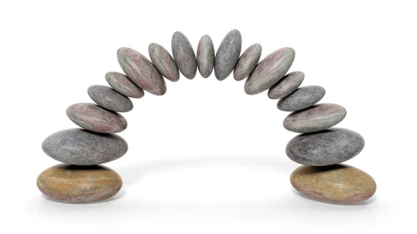 3D візуалізація балансування каменів, що утворюють арку, ізольовані на білому тлі — стокове фото