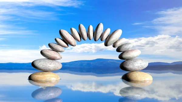 Rendering 3D di pietre equilibranti che formano un arco in acqua con cielo blu e paesaggio tranquillo . — Foto Stock