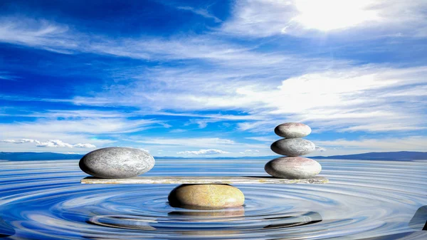 Representación en 3D de piedras Zen equilibradas en el agua con cielo azul y paisaje pacífico . —  Fotos de Stock