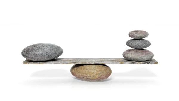 Representación en 3D de piedras de equilibrio sobre tablón de madera, aisladas sobre fondo blanco Fotos De Stock Sin Royalties Gratis