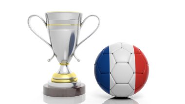 3D render altın gümüş kupa ve futbol topu