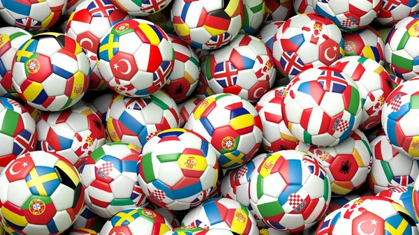 3d rendering Pila de pelotas de fútbol clásico — Foto de Stock