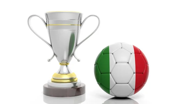 3D representación de un trofeo de plata dorada y pelota de fútbol — Foto de Stock