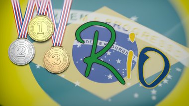 Rio şehir ve üç kazanan Madalyası karşı Brezilya bayrağı