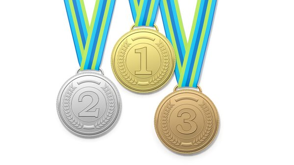 3D rendering of three prize medals on white background