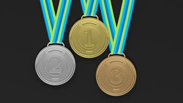 Primeiro, segundo e terceiro lugar medalhas sobre fundo preto — Fotografia de Stock