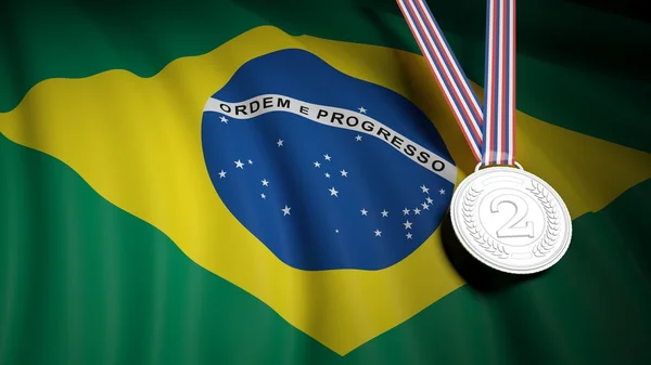 Medalla en segundo lugar contra de ondear bandera de Brasil —  Fotos de Stock
