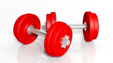 Beyaz arka plan üzerinde ayarlanabilir metalik kırmızı dumbbells 3D render 